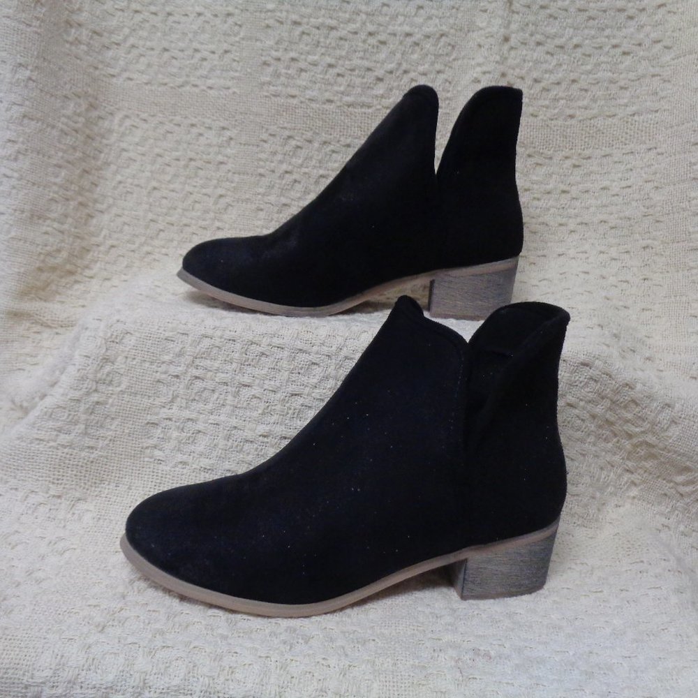 Seven7 Black Soho boot in faux suede with deep side slits, 1 3/4" heel